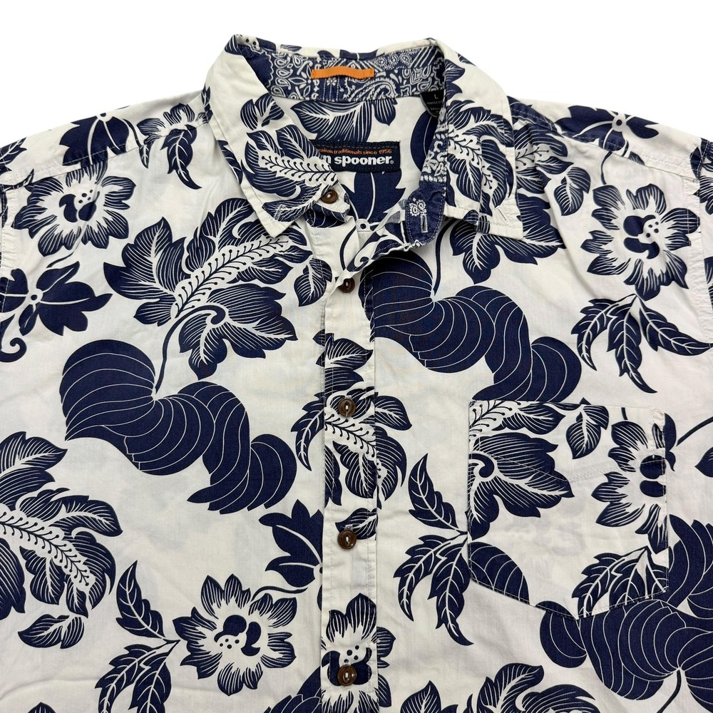Reyn Spooner Shirt Mens L Blue Floral Short Sleeve Button Up Hawaiian Cotton